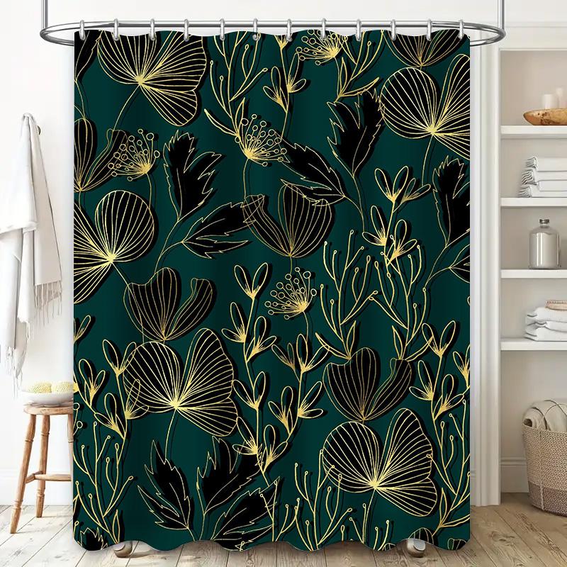 Luxurious Black Gold Ginkgo Leaf Shower Curtain Green Bathroom Decor, Waterproof Fabric for Home Bath Room X-Large Size (180x205