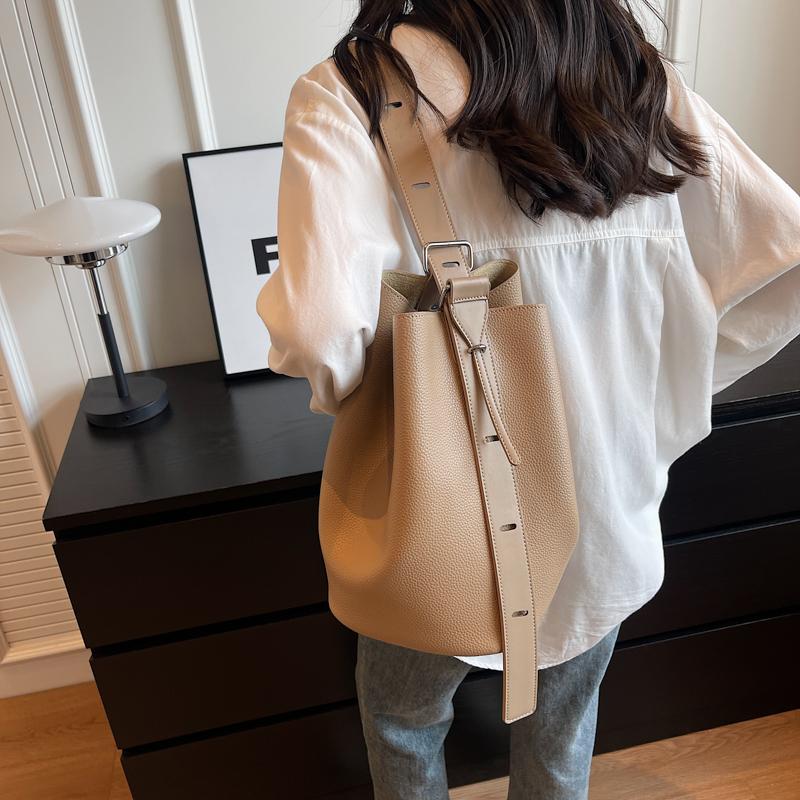 Retro Bucket Bag Set 2-IN-1 for Women Large Capacity Shoulder Crossbody Bag Solid Color Designer Tote Handbags