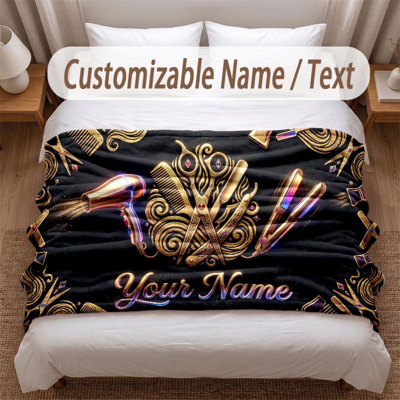Barber Salon Theme Soft Blanket Personalized Custom Name Text Print Warm Blanket Home Sofa Bedroom Decor