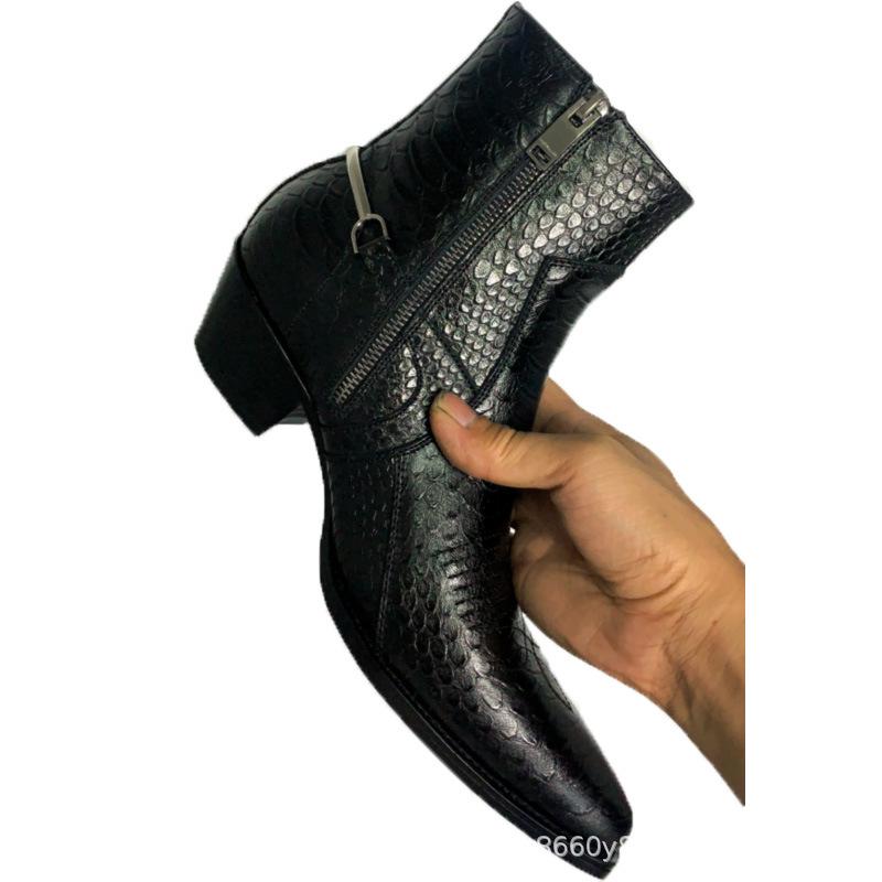 European and American Cross-Border E-commerce Chelsea Boots: Men's Pointed Toe Genuine Leather Snake Print High Street Style.
