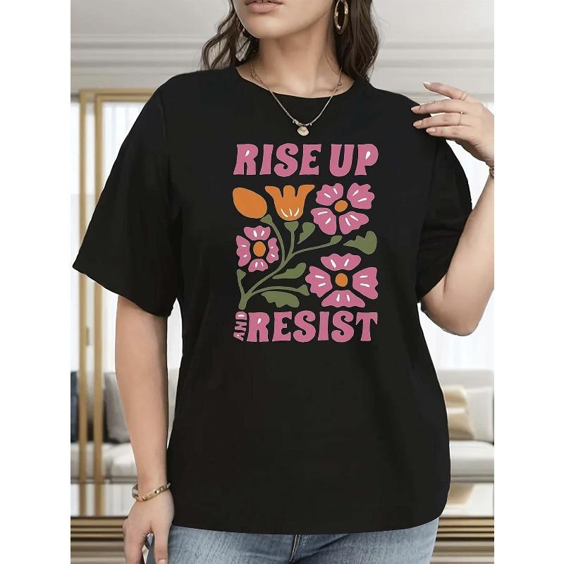 Women Rise Up and Resist Floral Print T-Shirt Crew Neck Super Soft Breathable Summer Outdoor Festival Daily Casual Gift Tee 4XL чёрный