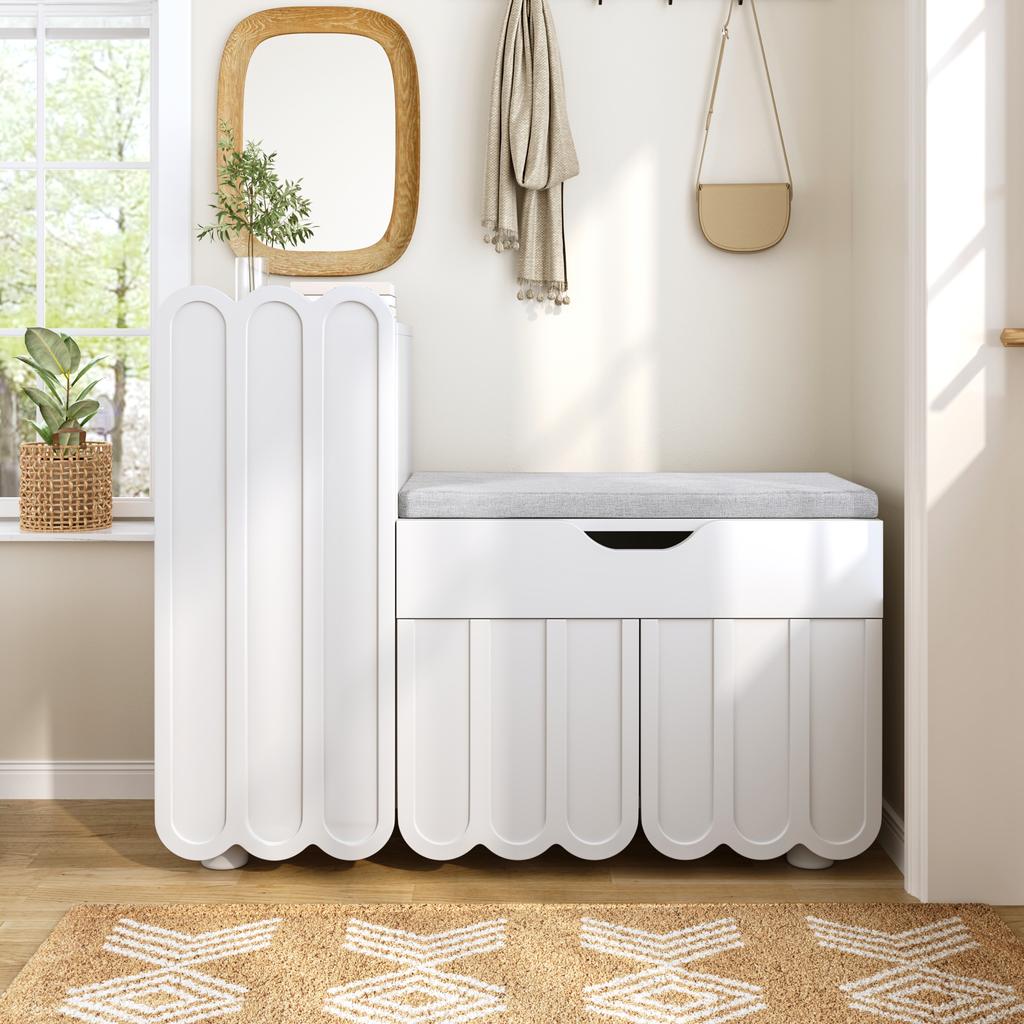 Modern 3-door shoe cabinet with drawer & seat cushion – White – Shoe cabinets and shoe benches