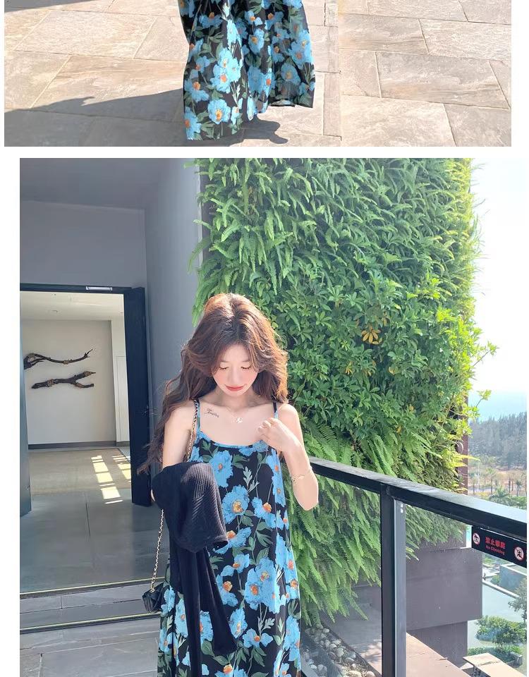 Blue Floral Strappy Chiffon Dress - Women's 2026 Summer Elegant Beach Style