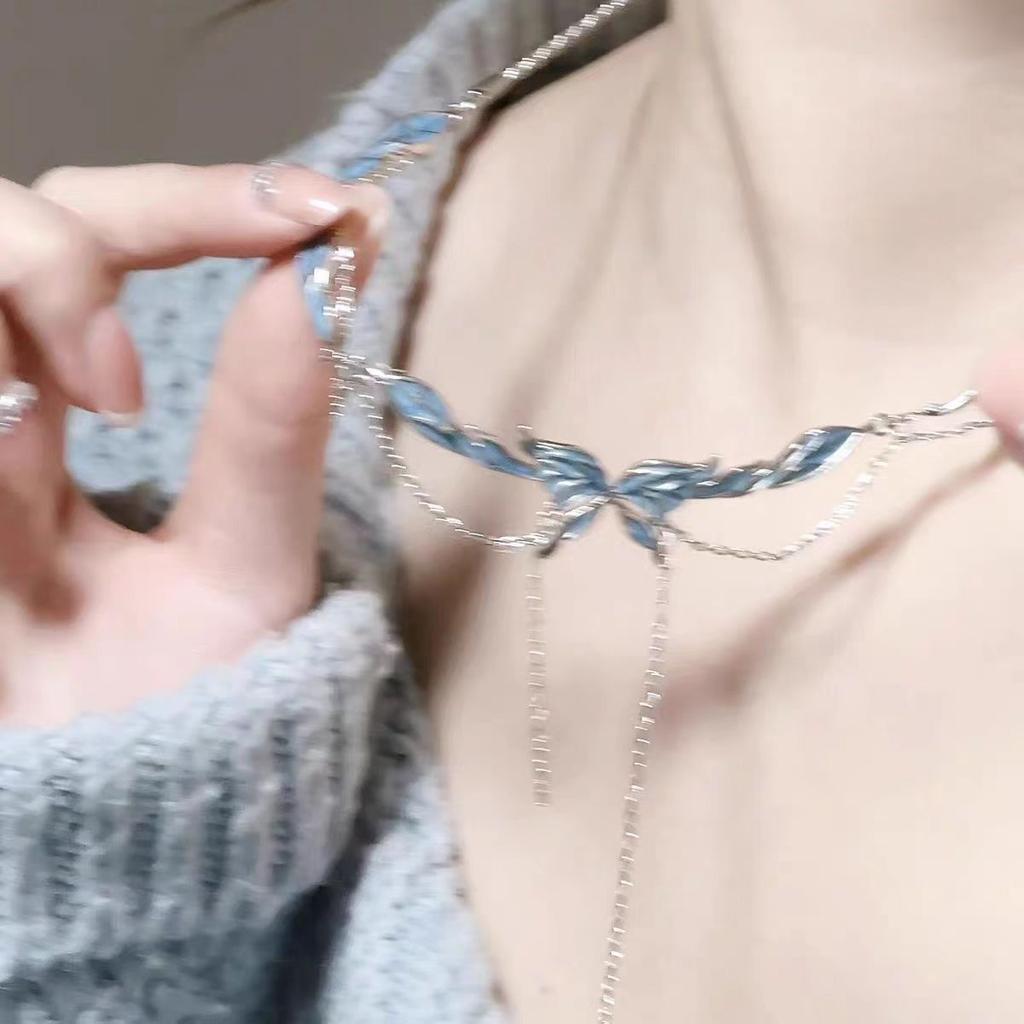 Cold Sense~ Blue Butterfly Tassel Necklace Female Design Advanced Temperament Clavicle Chain