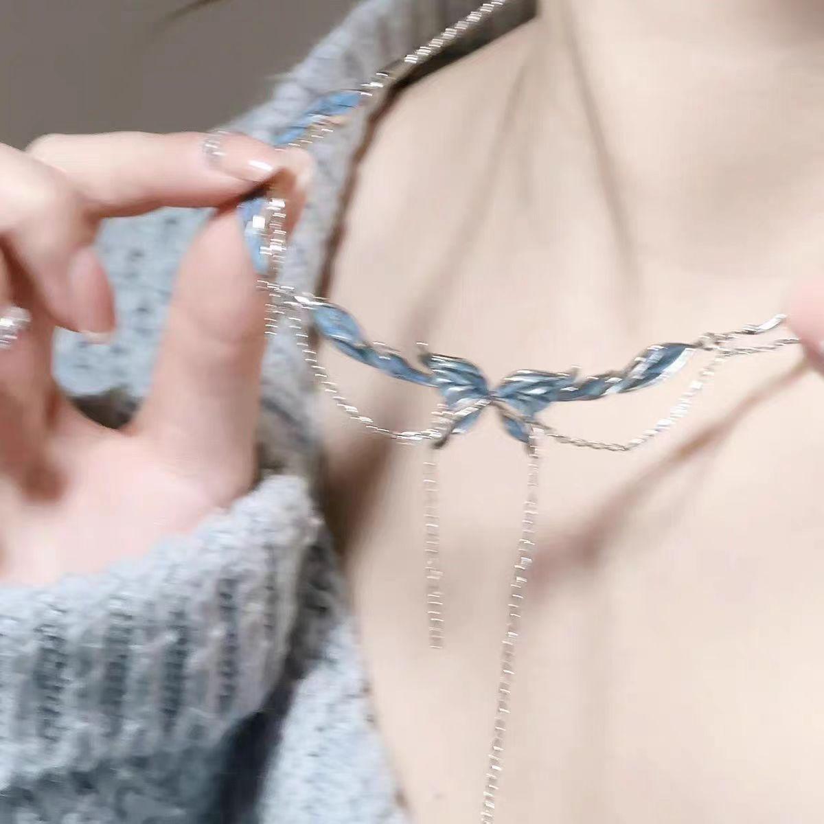 Cold Sense~ Blue Butterfly Tassel Necklace Female Design Advanced Temperament Clavicle Chain