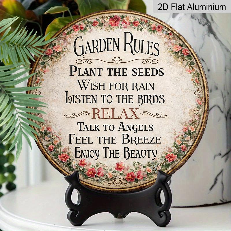 2D Flat, 1pc Round Aluminum Garden Rules Sign, Vintage "Garden Rules" Inspirational Quote, Vintage Floral Border Print with Pink Roses, Waterproof