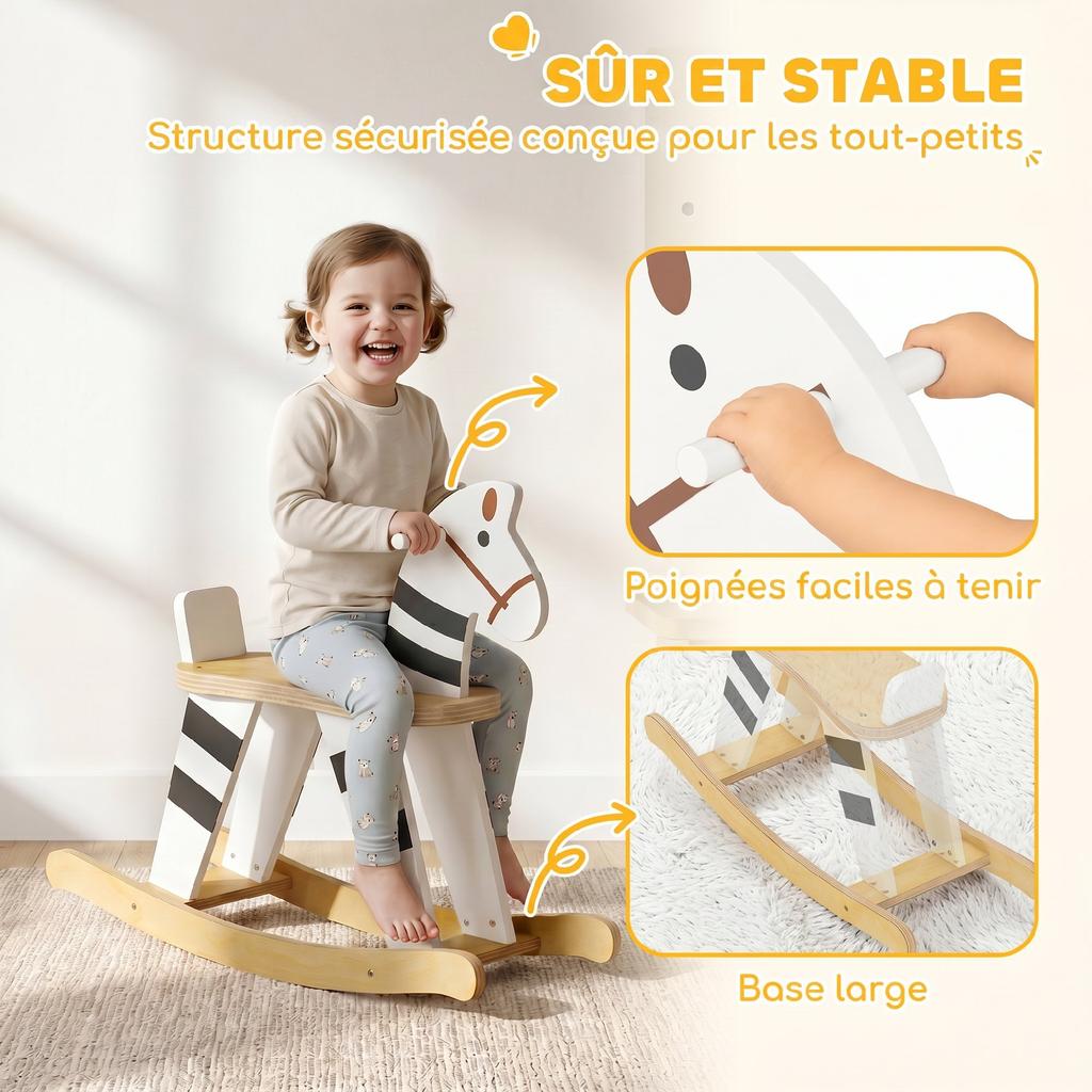 Rocking Horse for Children, Wooden Base, Backrest, Ages 18 Months-3 Years, Black and White