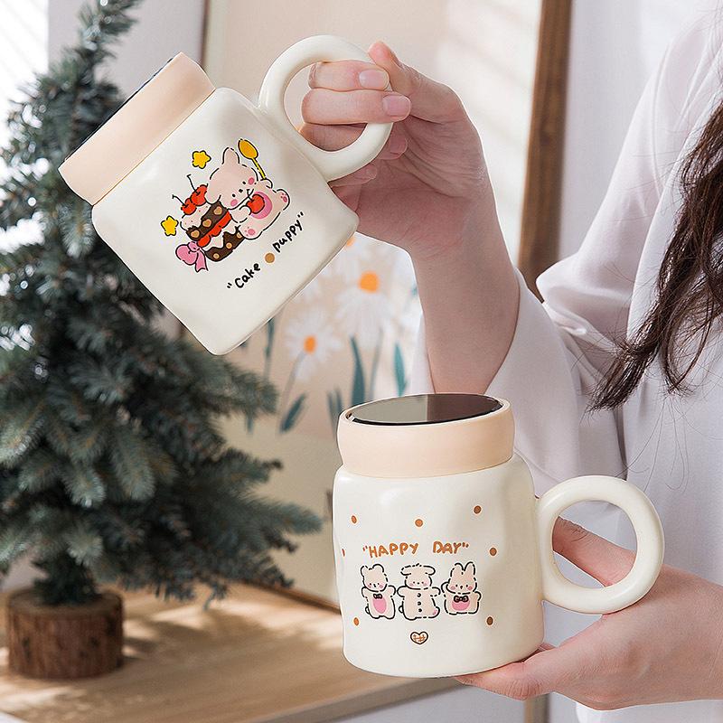 Cute rabbit mirror cover ceramic mug cartoon bump coffee cup office souvenir student cup