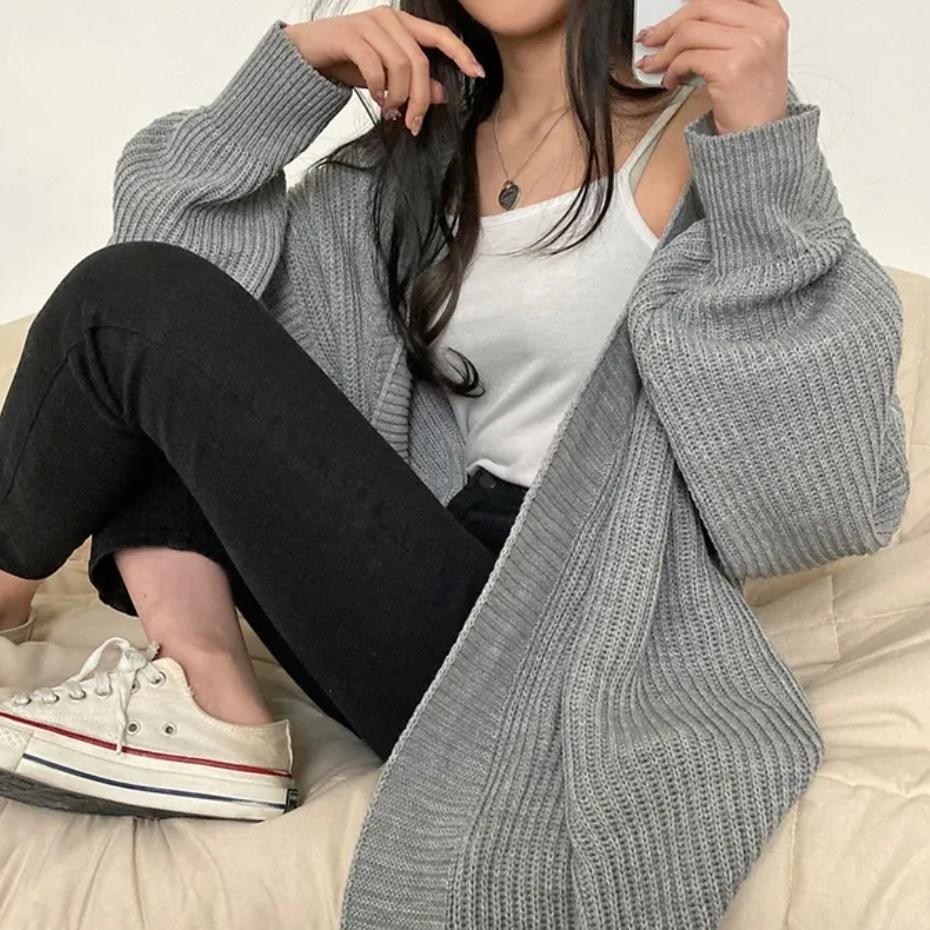 Cardigan Tricot Décontracté Mi-Long pour Femme - Automne & Hiver Couleur Unie, Coupe Ample, Pull Polyvalent Point Mousse