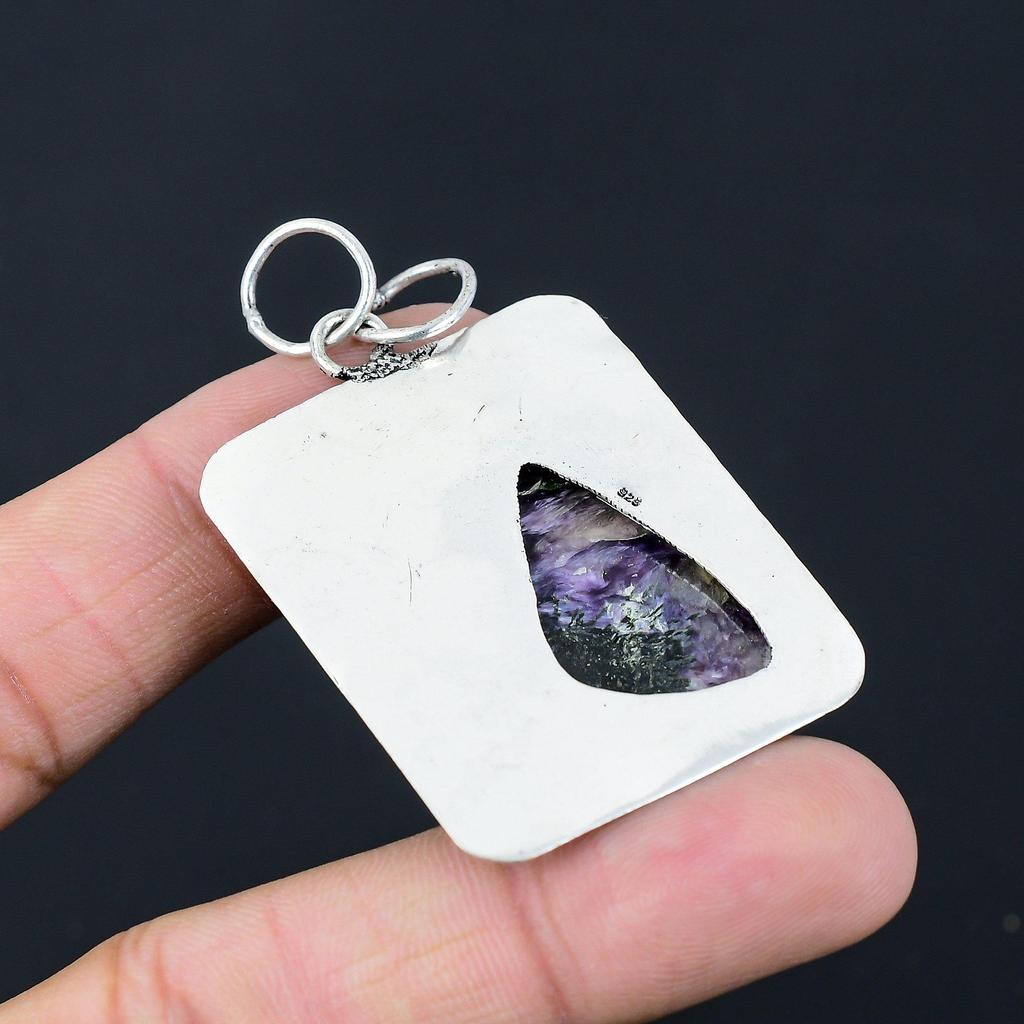 Sisters Day Deal Trillion Charoite Gemstone 925 Sterling Silver Art Deco Pendant