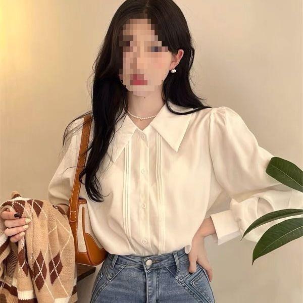 Chic Women's White Shirt with Ruffled Doll Collar and Accordion Pleats, Long Sleeve, Perfect for Autumn and Winter.