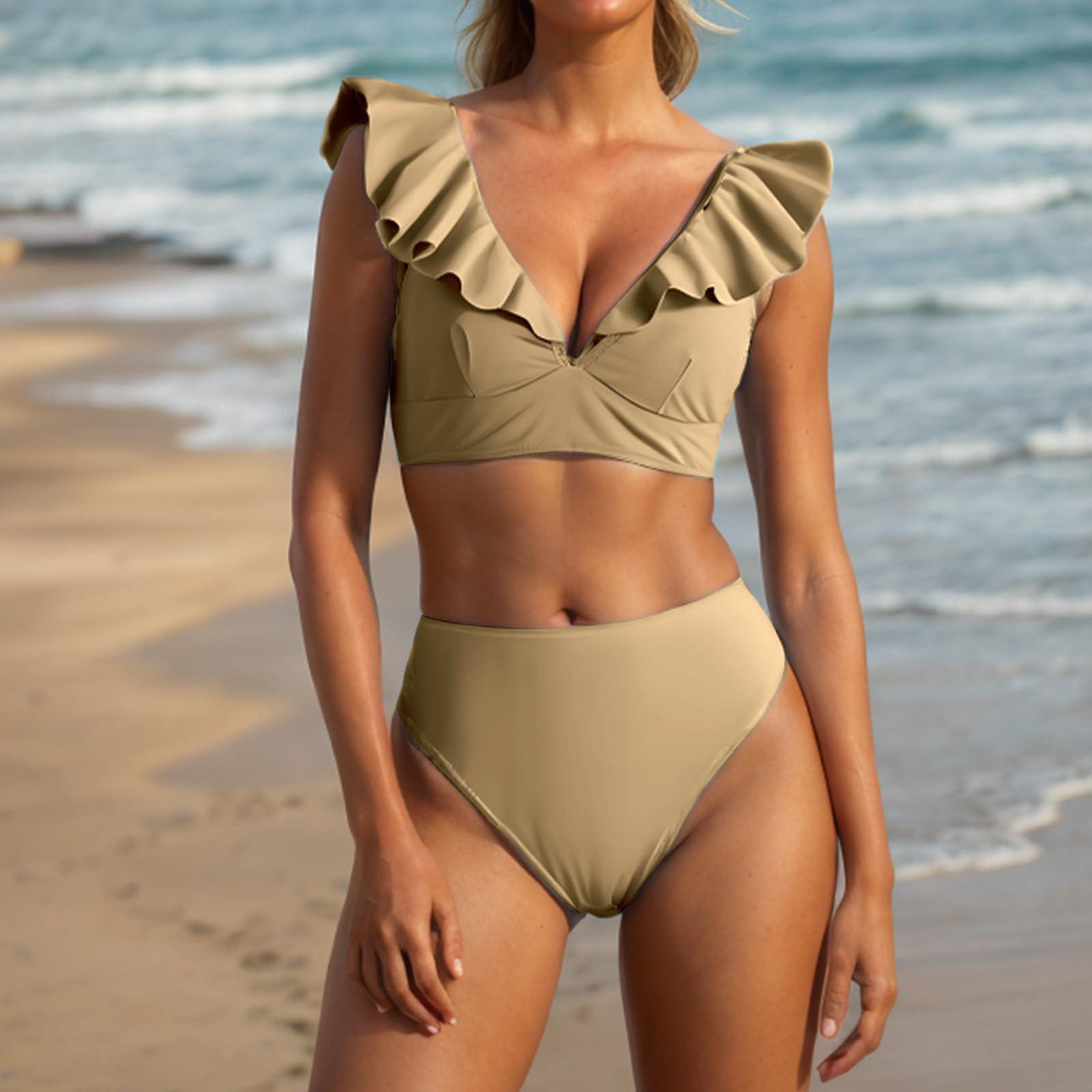 

Women s Ruffled V-Neck Bikini Set High Waist Two-Piece Swimsuit with Shoulder Straps, , Sizes S-XL L бежевый