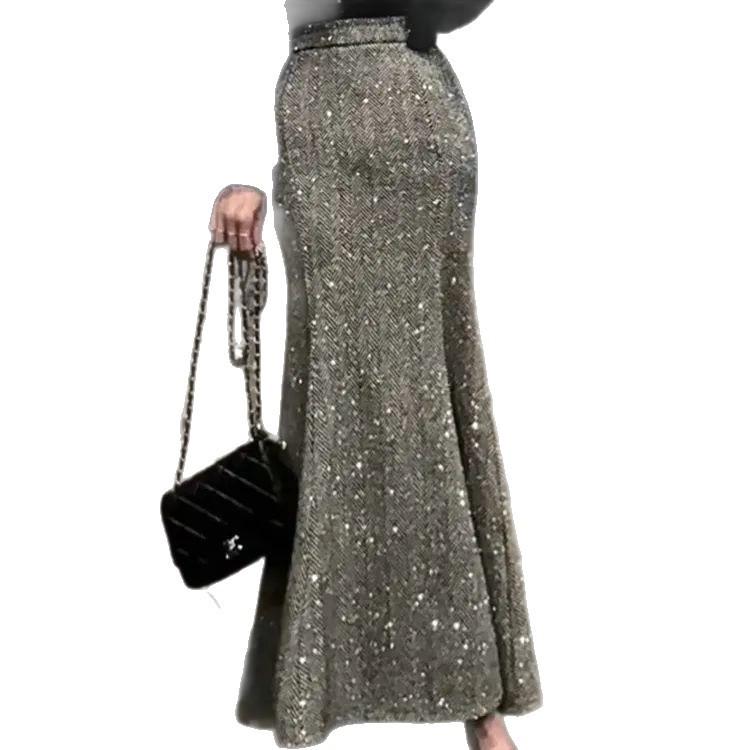 Elegant Grey Bodycon High-Waisted Sequined Fishtail Skirt for Autumn and Winter