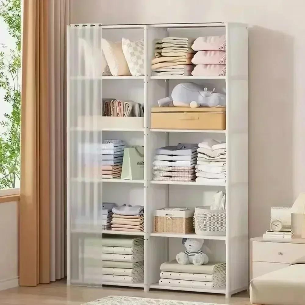 Dustproof Wardrobe Bedroom Storage Rack with Curtains Large Capacity Fcloset Organizer Simple Bookshelf Multilayer Wardrobes