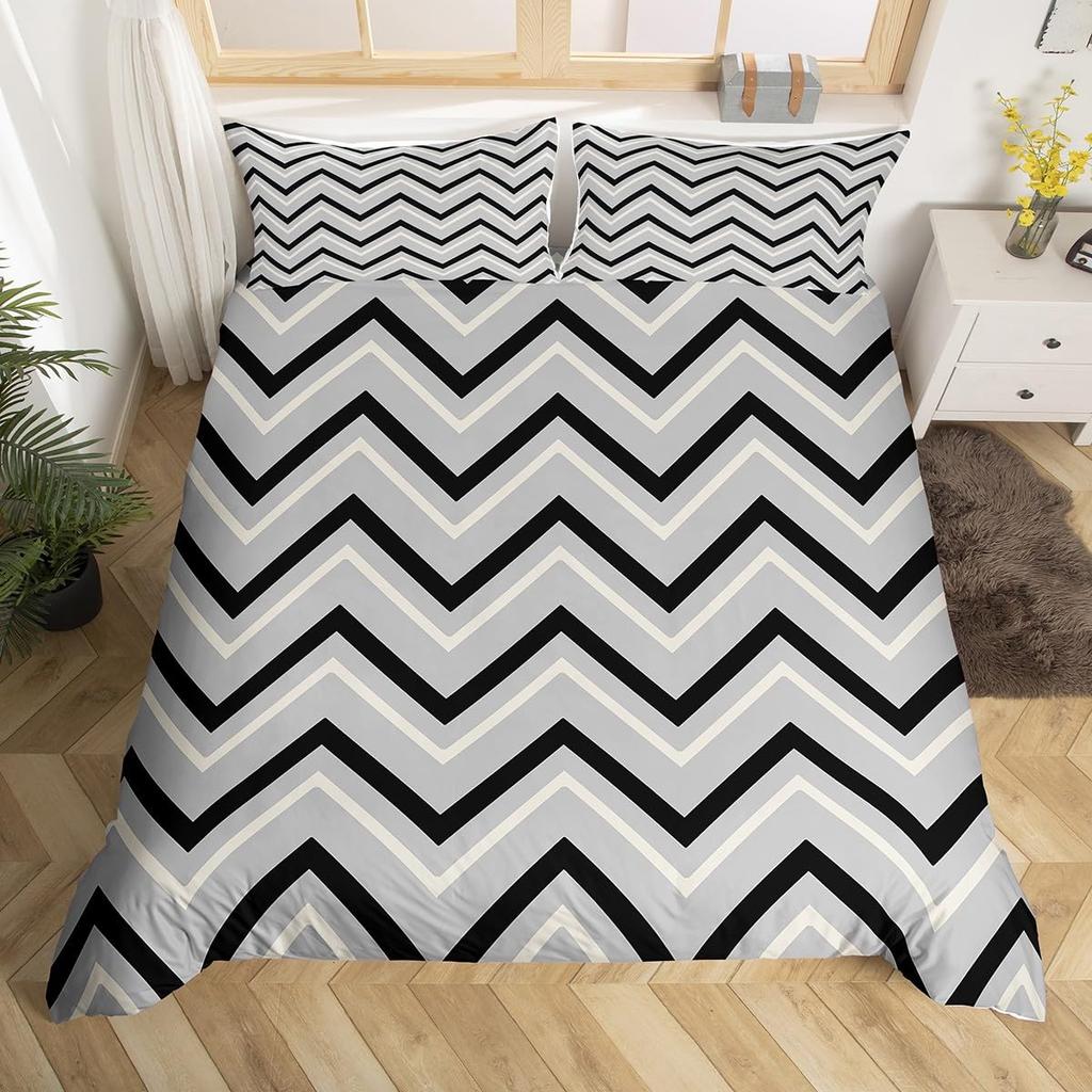 Geometric Modern Duvet Cover King Queen Black Gray Blue Comforter Cover with 2 Pillowcases Retro Stripes Geometry Bedding Set