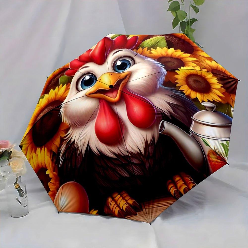 Folding umbrella Cheerful rooster with vibrant sunflowers in a rural backdrop. Creative portable folding umbrella for Christma