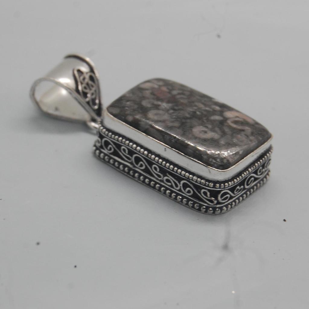 Cushion Cab Crinoid Marble Fossil 925 Sterling Silver Pendant Jewelry, Boho Style Designer Pendant