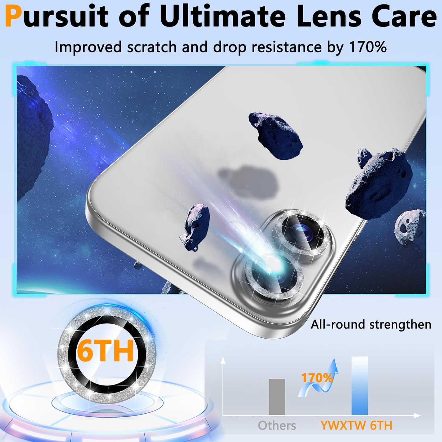 

For iPhone 16/16 Plus Glitter Camera Lens Film Metal Ring+Tempered Glass Phone Lens Protector Silver