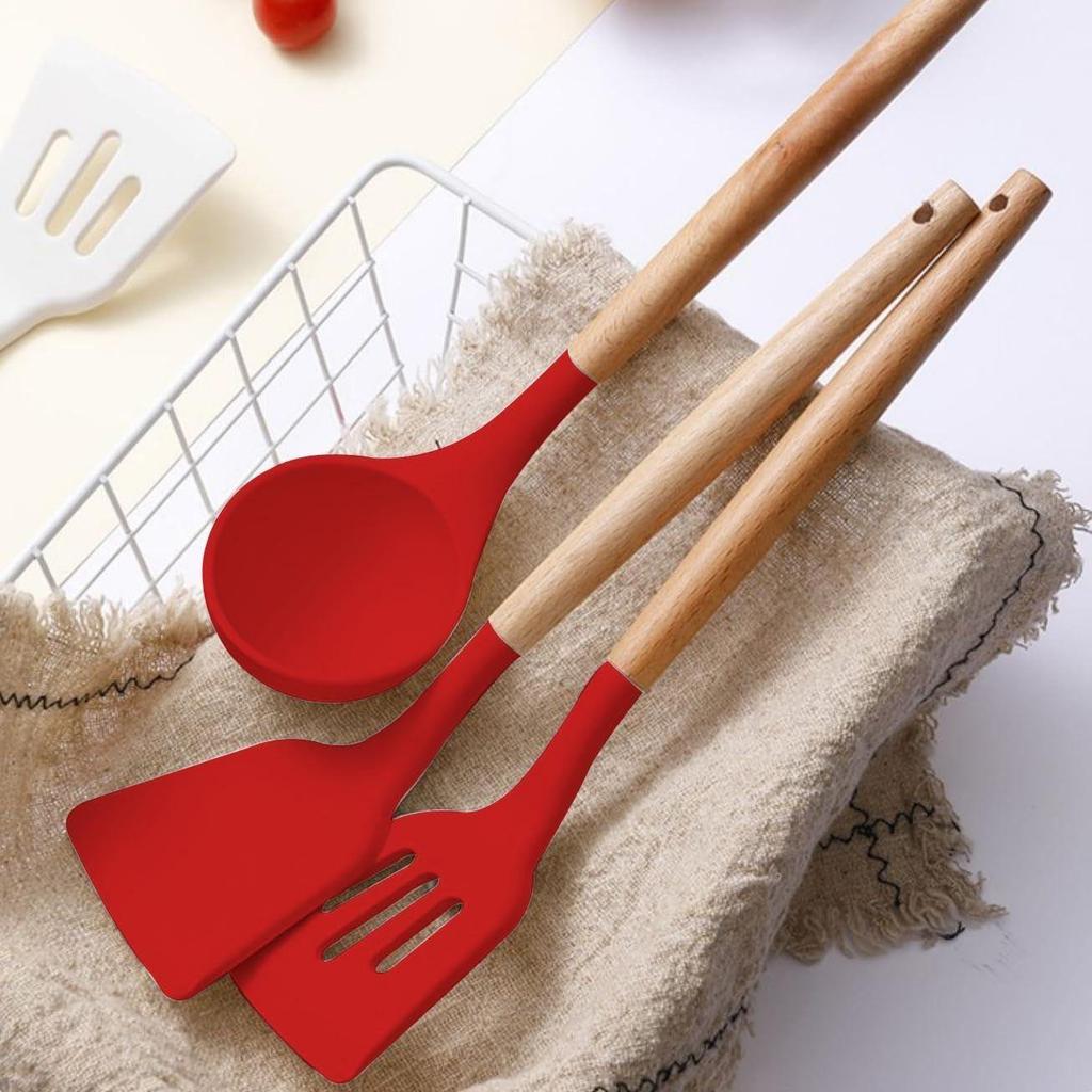 Non-Stick Silikon Kokeutstyrsett, 3 stk med Trehåndtak, Varmebestandige Silikon Kjøkkenredskaper (rød)