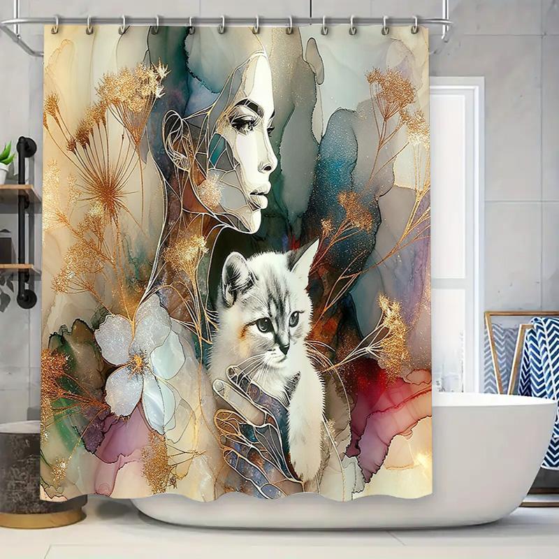 

Floral Cat Shower Curtain Vintage Botanical Animal Decor Bathroom Waterproof Tapestry Home Decoration Artistic Wall Hanging Farm W60H190(CM)-1 Pcs