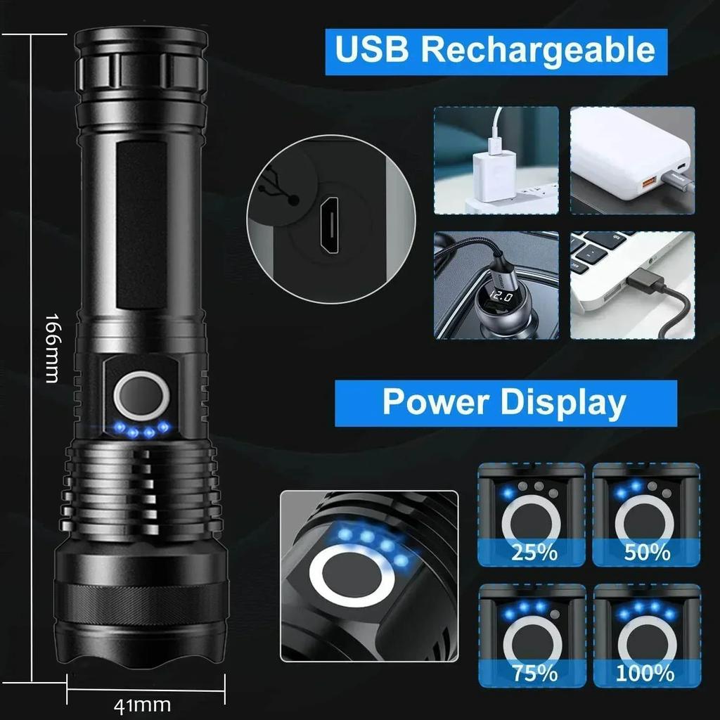 30W High Power Led Flashlight Telescopic Zoom Portable USB Rechargeable LED Lamp Emergency Spotlights Outdoor Camping Torch