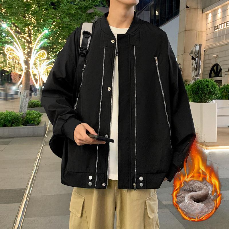 

Осень и Зима Свободная Парная Куртка с Воротником Бейсбол на Молнии Однотонная Водонепроницаемая 3XL чёрный