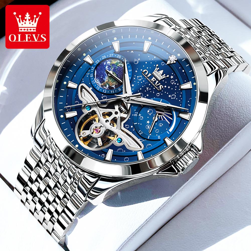 OLEVS 6705 Mens Mechanical Watch Luxury Original Flywheel Automatic Watch Waterproof Moon Phase Luminous Sports Watches