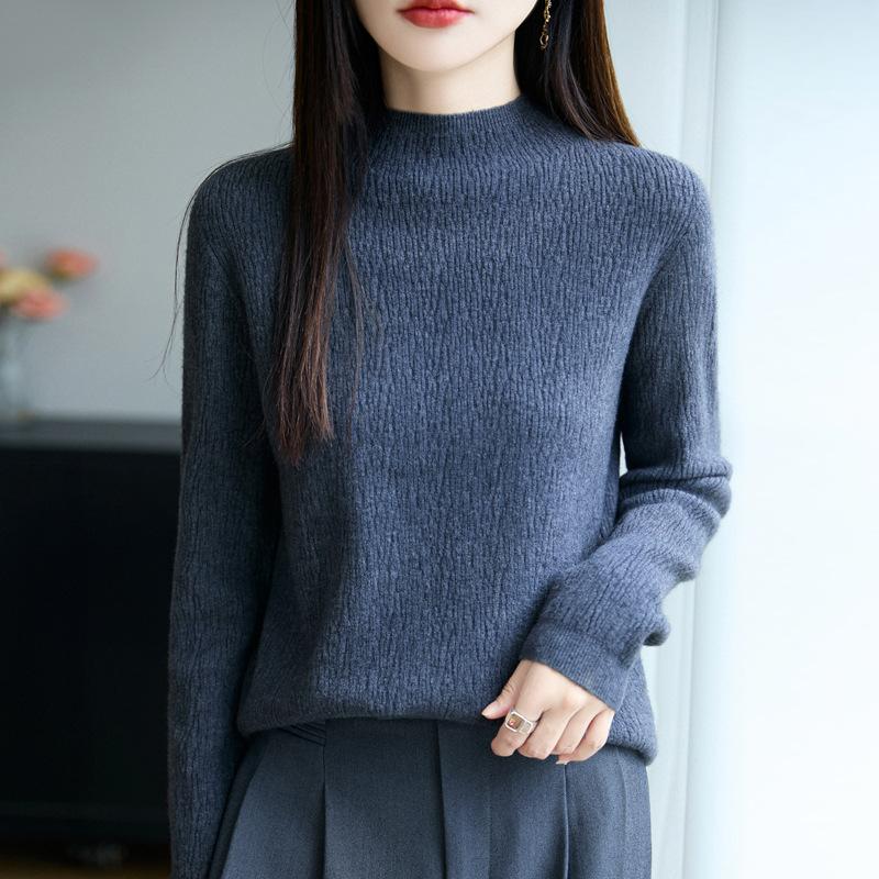 Half Turtleneck Knitted Sweater for Women In Autumn and Winter Solid Color Paired with Long-sleeved Pullover Top