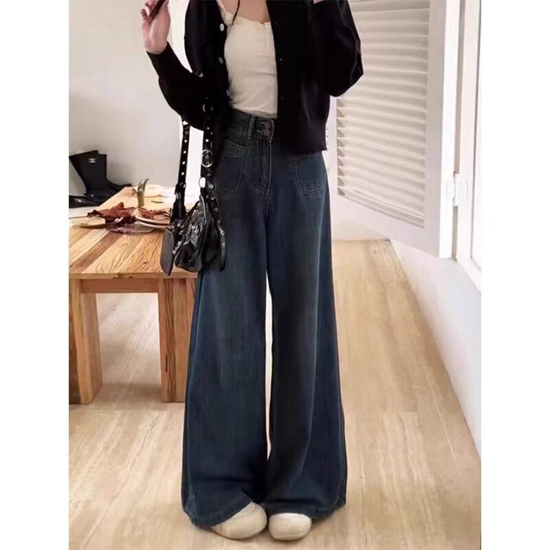 

Женские темно-синие джинсы с высокой посадкой и широкими штанинами - Осенний свободный крой, Длина в пол, Универсальный и стройнящий дизайн M темно-синий