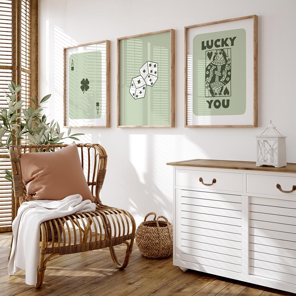 Retro Sage Green Trendy Lucky You Wall Art Prints Ace Card Poker Dice Canvas Painting Poster Pictures For Living Room Home Decor