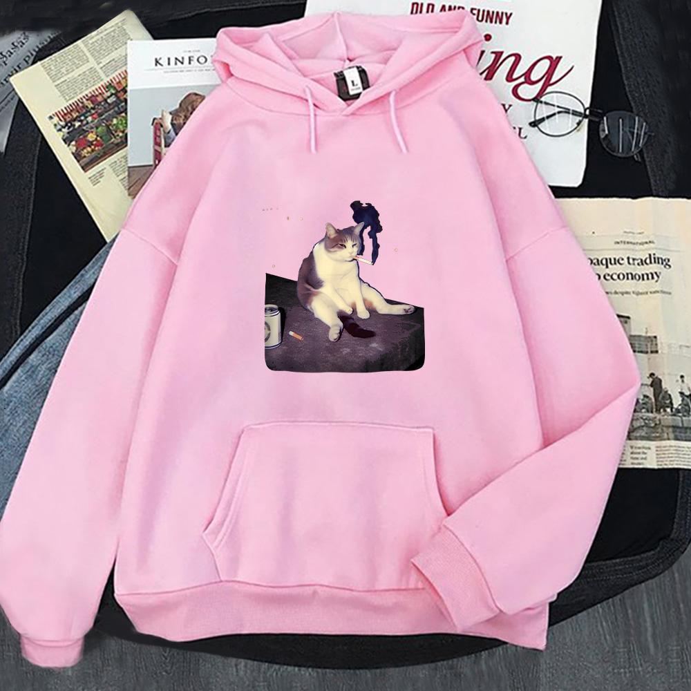 Funny Smoking Cat Meme Hoodies Cigarette Cat Cartoon Print Sweatshirt Cat Lover Unisex Pullover Stupid Brainrot Gift Streetwear Men women Anime jacket