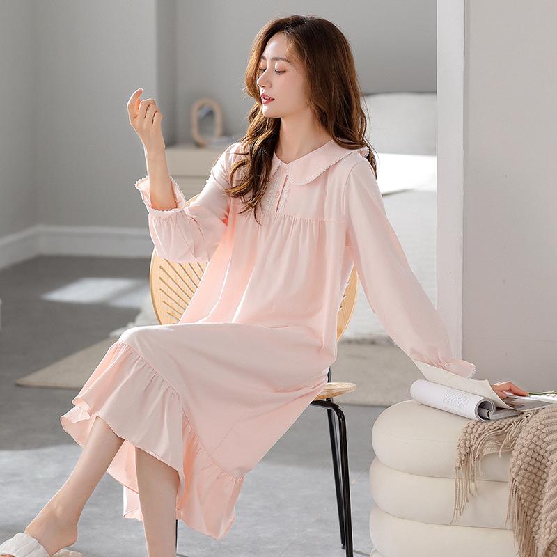 Pajamas Women'S Spring And Autumn Autumn Autumn Cotton Long Sleeves Sweet Princess Style Loose Dress Long Dress Pajamas Skirt