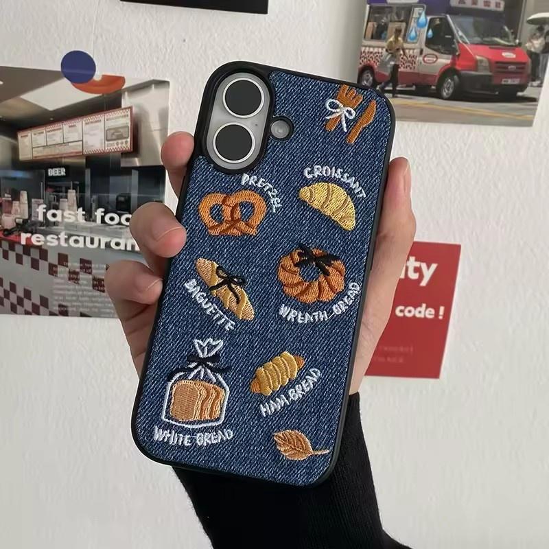 Retro Denim Embrpoidery Bread Toast Warm Fabric Phone Case For iPhone 17 Air 16 15 14 13 Pro Max Lovely Back Cover