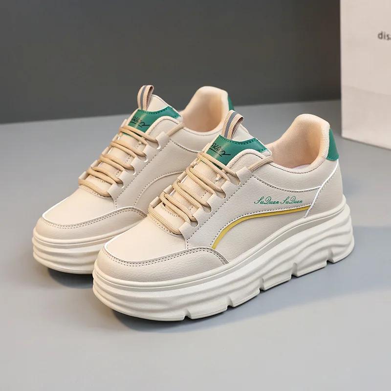 Witte Platform Dames Schoenen Pu Leer Sneakers voor Dames 2025 Nieuw Design Vetersluiting Ronde Neus Dames Schoenen Platte Gevulkaniseerde Schoenen