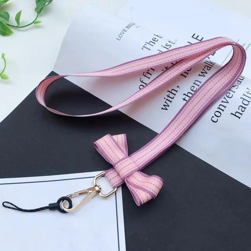 Chic Casual Striped Bow Girl Mobile Phone Lanyard Portable Mini Fan Camera Key Neck Strap Office Work ID Card Holder Rope