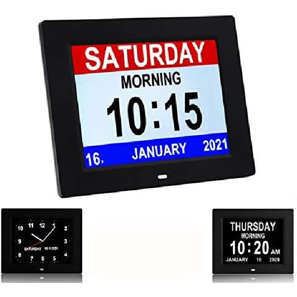 AUCHOIS 3 Color Display 8-inch Ultra Large Display Digital Day Clock with 8 Alarms, Non-Abbreviated Day & Month, Memory Loss,Dementia,Alzheimer s, Black