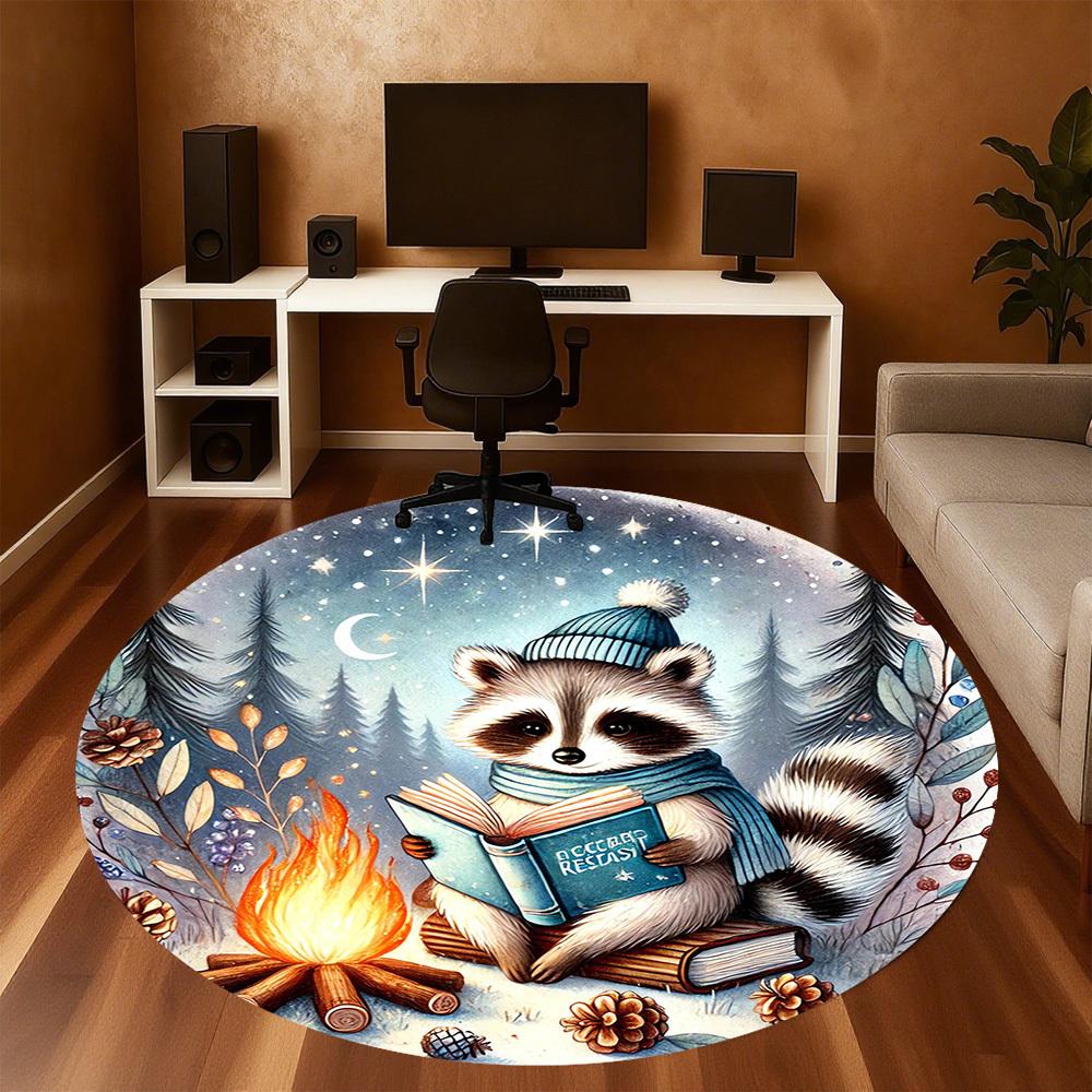 1pc Raccoon, Campfire Round Chair Mat Area Rug - Non-Slip, Floor Mat for Office, Bedroom, and Indoor Decor -1002071