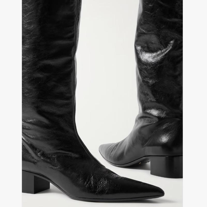 Krazing Pot Cow Skin Microfiber Pointed Toe Med Heels Over-the-knee Boots Size 46 Size 45 Slip on Plus Size Women Keep Warm Long Boots