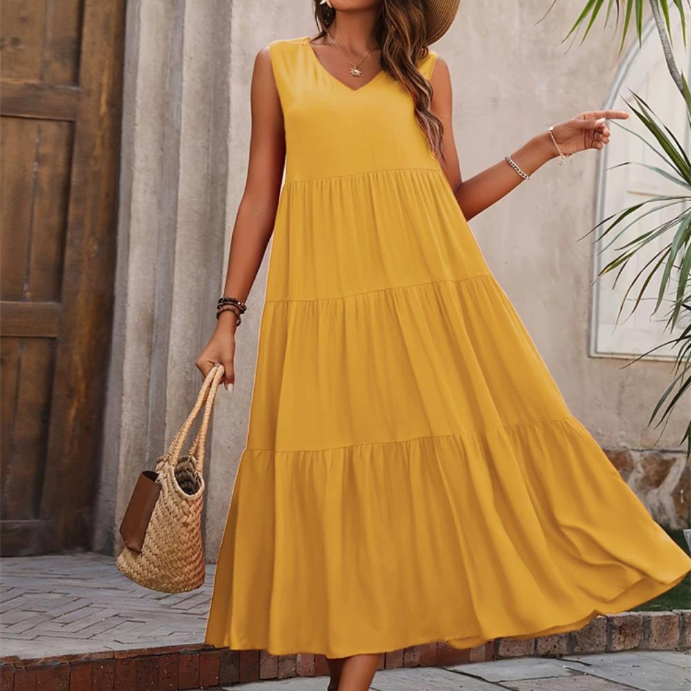 

Женское модное летнее весеннее платье, свободное платье без рукавов с V-образным вырезом, повседневные платья, однотонное длинное платье 2XL жёлтый