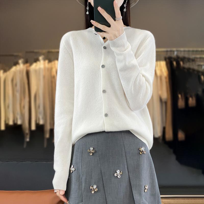 Women's Loose Fit 100% Pure Wool Knit Cardigan - Solid Color, Long Sleeve, Autumn/Winter Sweater