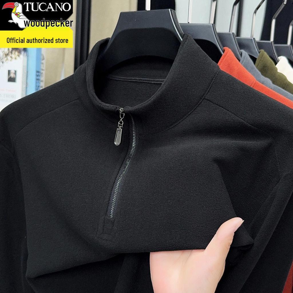 Woodpecker Men's Double-Sided Velvet Half-Zip Stand Collar Warm Long-Sleeve T-Shirt