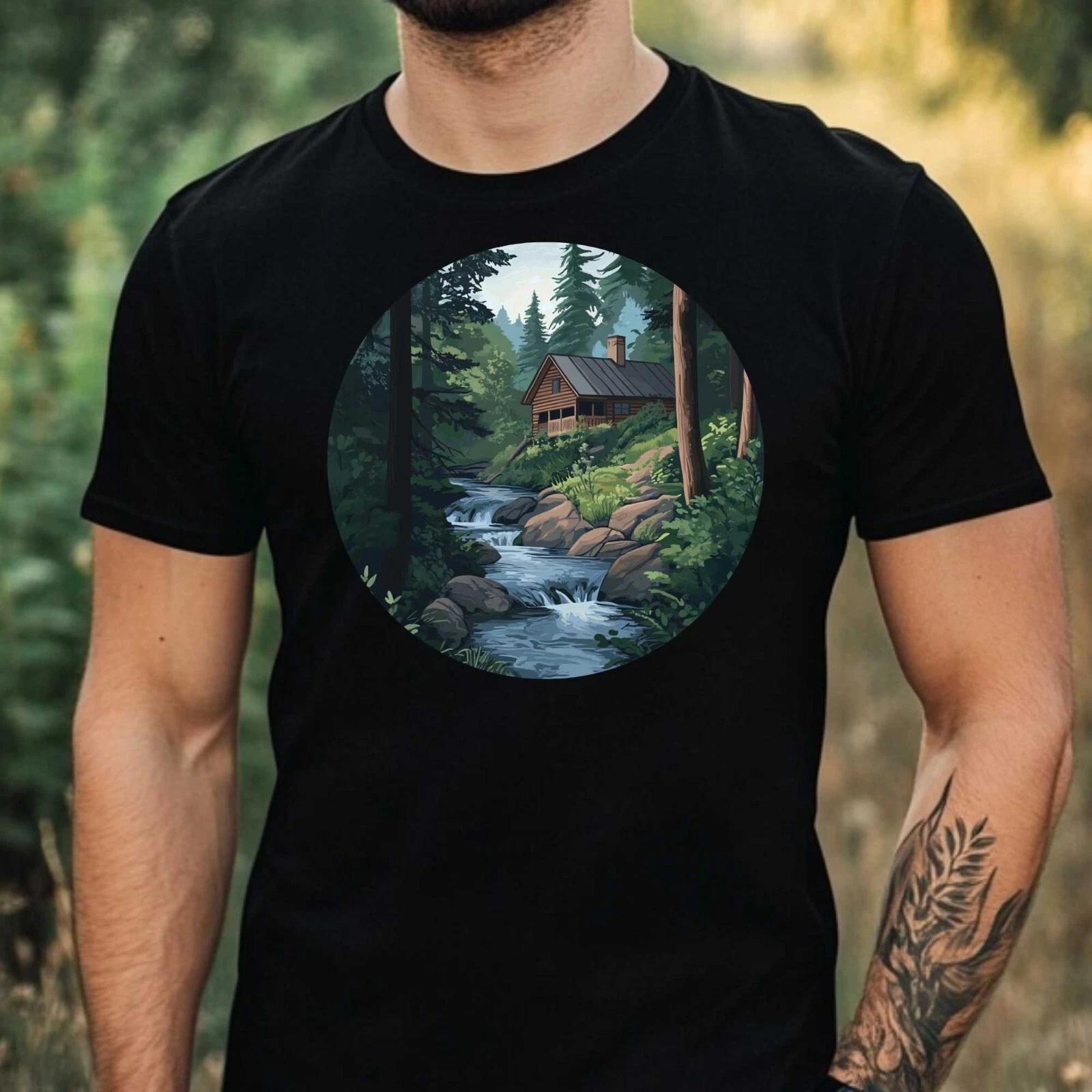 T-Shirt Herren Wald Hütte Motiv Baumwolle Größe XS bis 5XL L