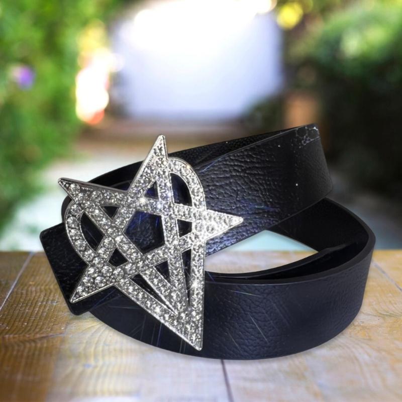 Studded Belt with Metal Eyelets PU Leather Waist Strap Band Punk Gothic Waist Sash with Star Heart Decor for Daily Wear