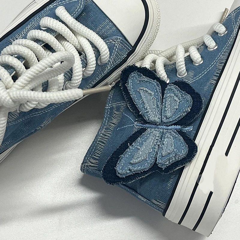 Móda 2025 Šněrovací dámské vysoké džínové boty na platformě Jaro Podzim Denní rutina Ležérní Motýl Vysoký svršek Dámská obuv