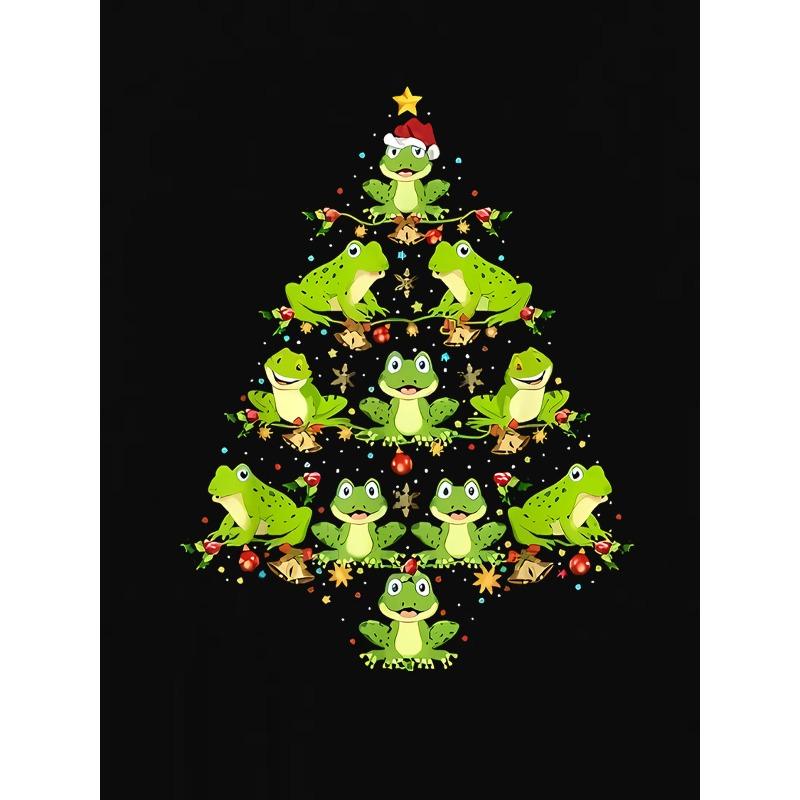 European Size 1pc Women'S Casual Christmas Frog Tree Print T-Shirt, Round Neck Short Sleeve, Polyester Knit Fabric, Comfortable Summer Top