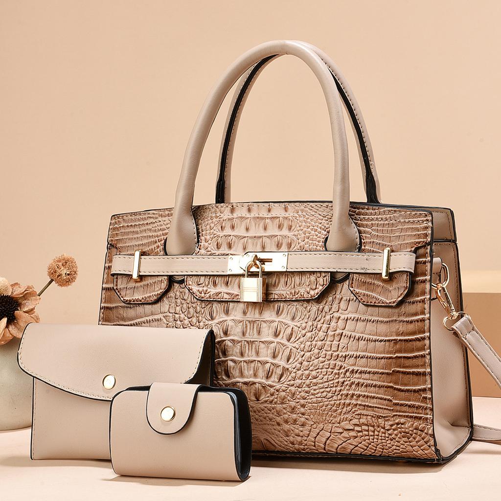 Women's bag three-piece set, mother and child bag, classic handbag, crocodile pattern lock, shoulder bag.