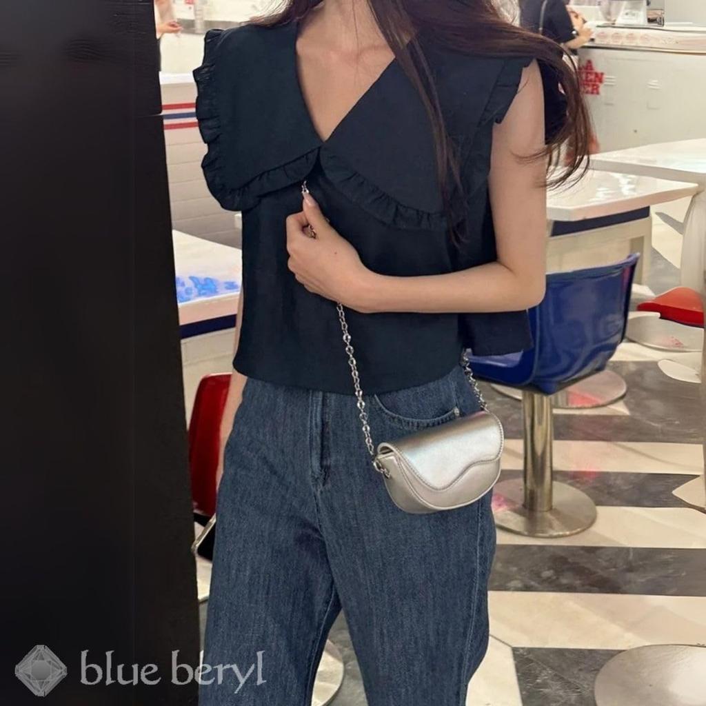 Blue Beryl Ruffled Collar Cotton Perfect for Blouse, Blend, Sleeveless, V-Neck, Spring/Summer, Lightweight, Elegant, Feminine, Cute, Commuting, Navy,