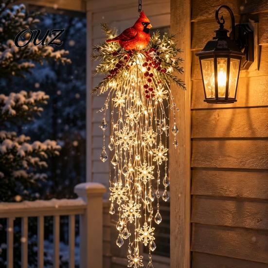 Santa Claus Snowman Decor Crystal Waterfall Christmas Lights, LED Warm White Pendant Effect Holiday Hanging Light with Snowflake Droplets, Outdoor