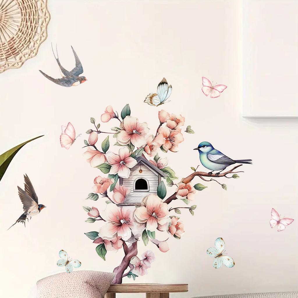 Cartoon Peach Blossom Branch Bird Swallow Wall Stickers, Self-Adhesive Decor for Living Room Room Background Wall Decoration