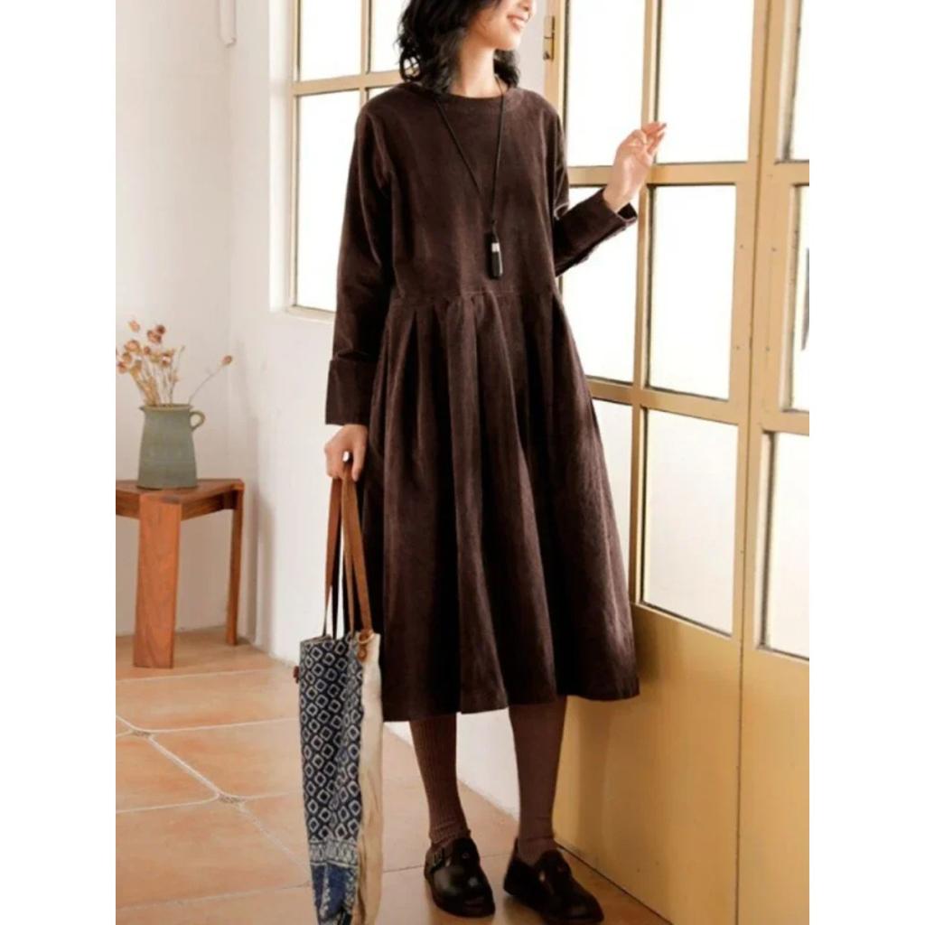 LYRIA Dress for Women Autumn Winter Japanese Korean Fashion Loose Casual Corduroy Clothing  Vintage Elegant Long Sleeve A-line Dress